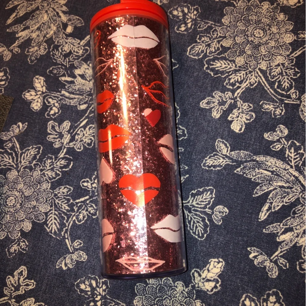 Starbucks Valentine's Day Red Lips Pink Hearts with Glitter Insulated Tumbler - Picture 6 of 11